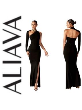 ALIAVA Lilux One Shoulder Modern Maxi Dress Black Formal Gown Size Large NWT